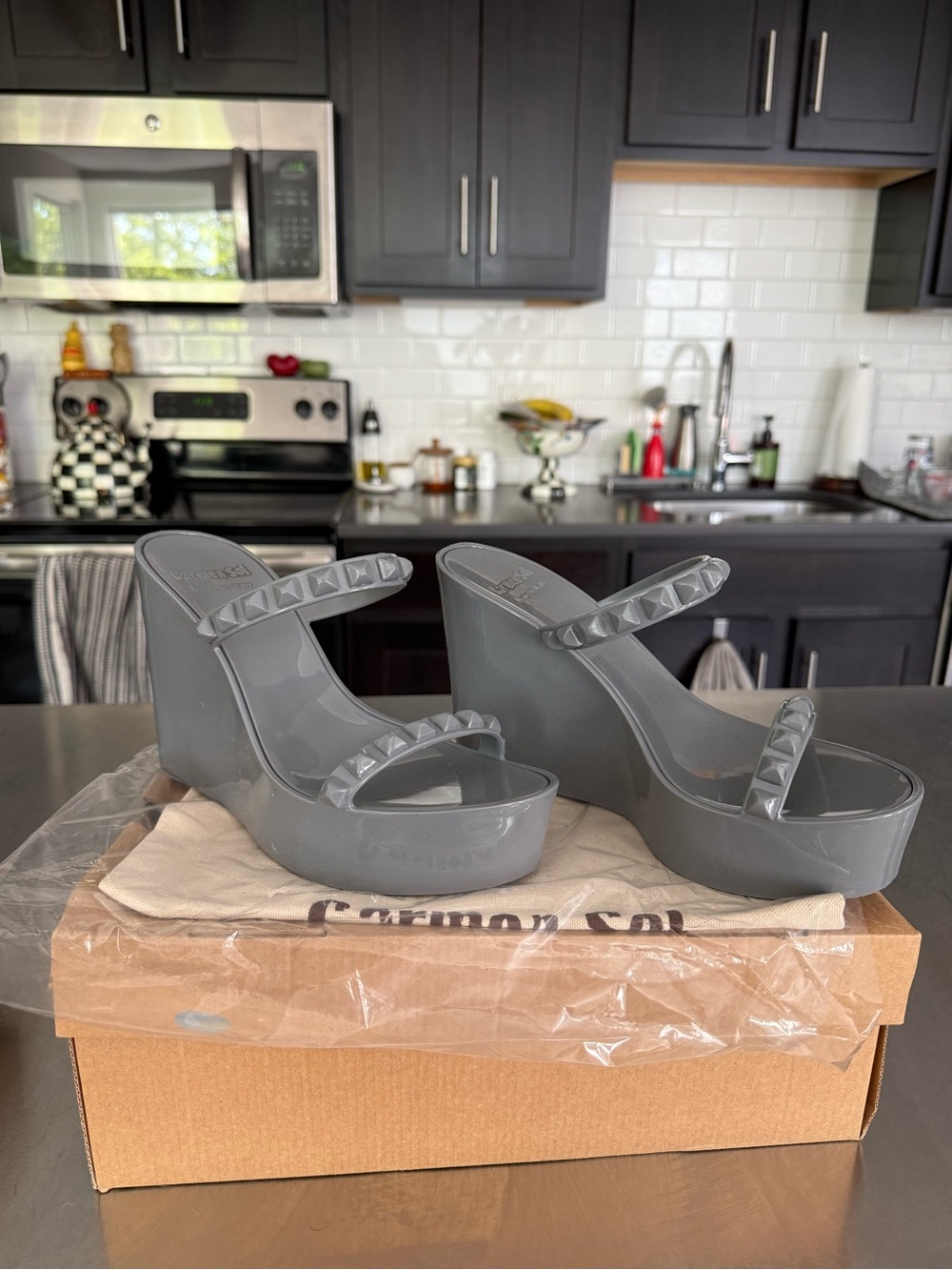 Women's Gray Studded Wedge Sandals